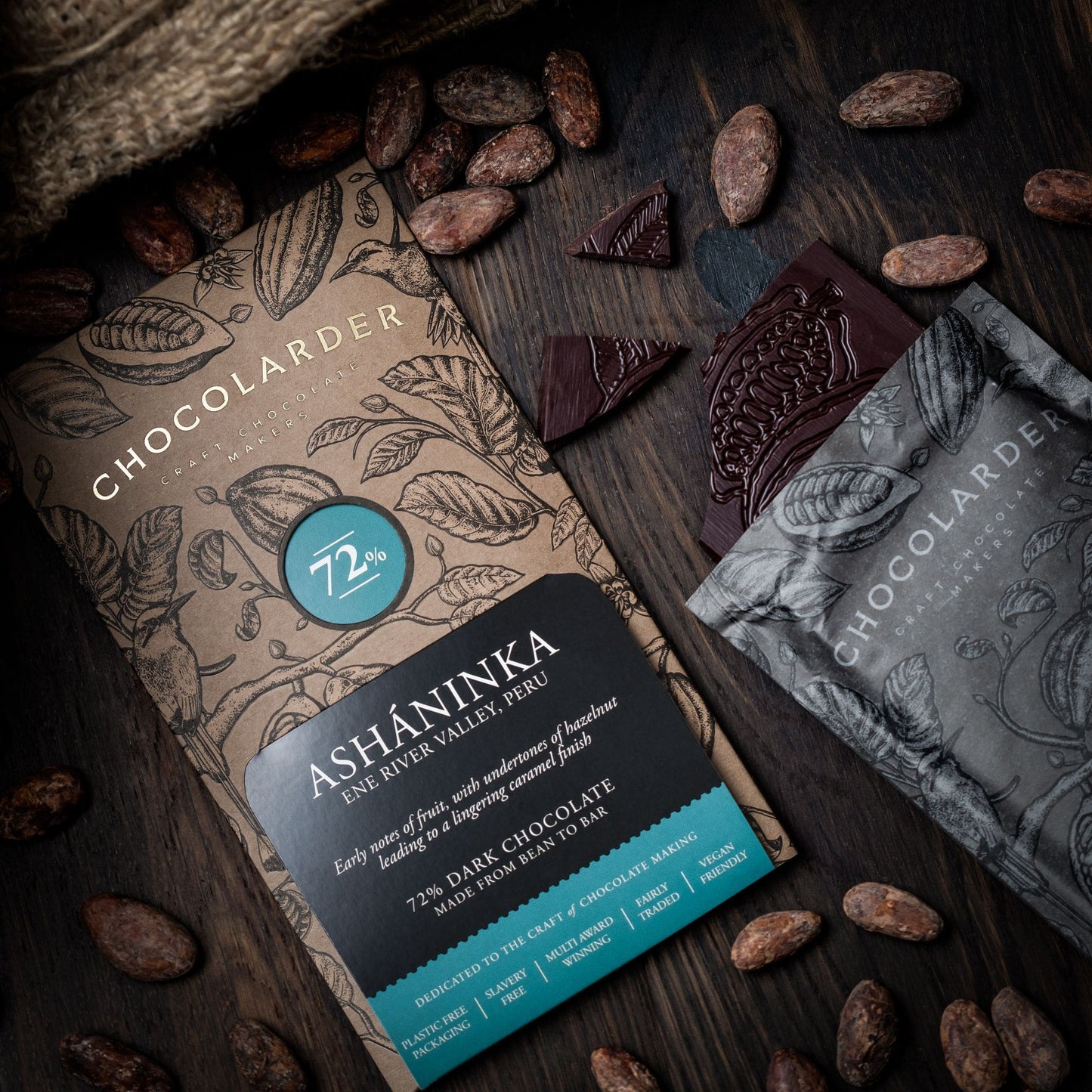 Asháninka 72% Dark Chocolate Bar - bar and packaging