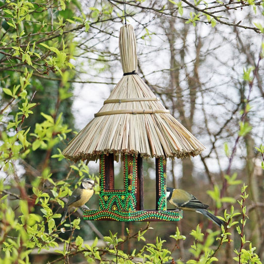 Balinese Artisan Hexagonal Green Bird Table - with birds