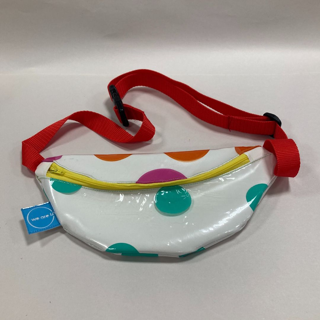 Bumbag made from salvaged inflatables - white with dots and red strap