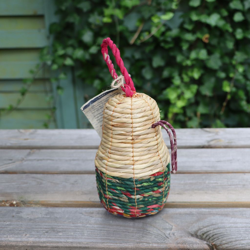 Handmade and Fair Trade Sari Bird Nester for Small Garden Birds - on table