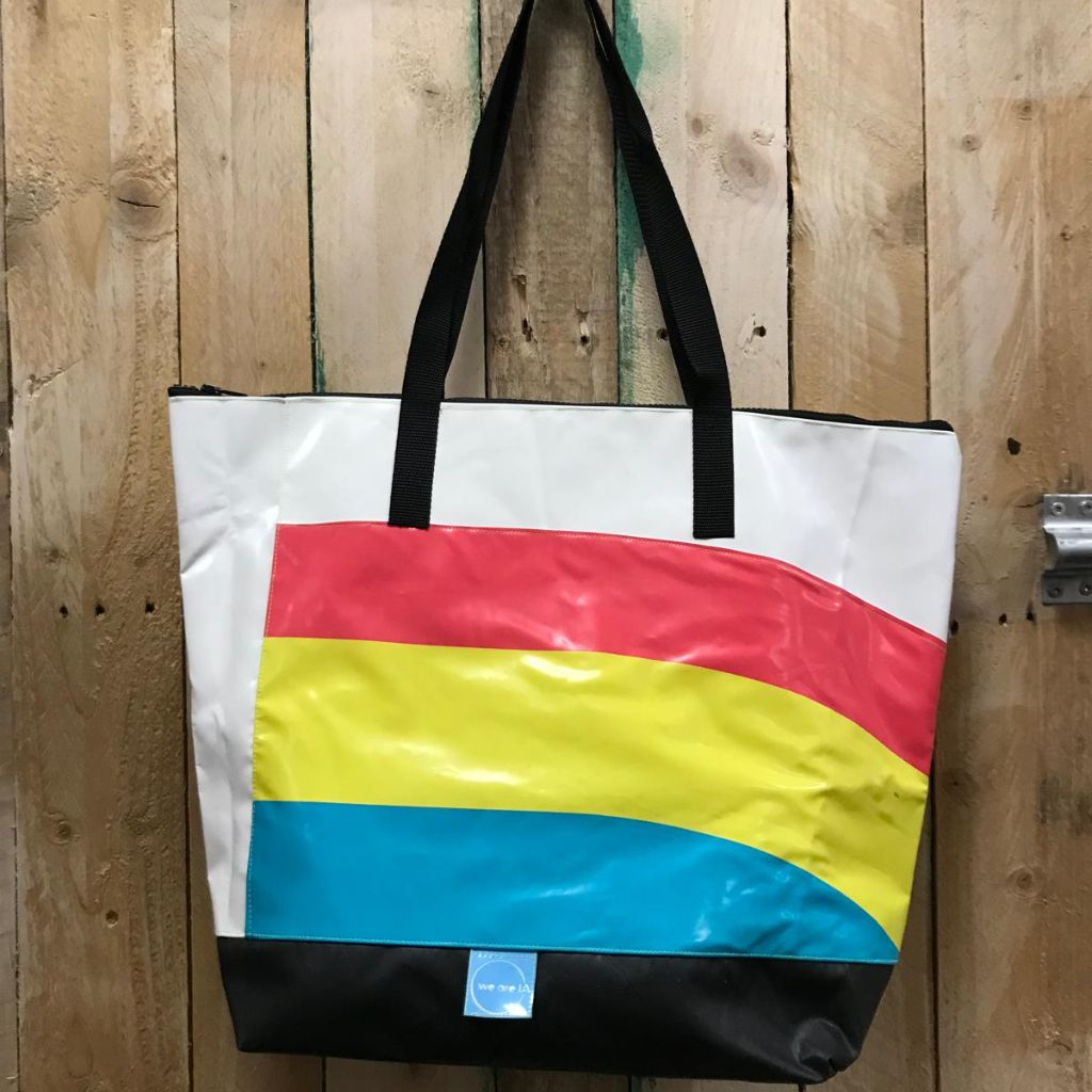 NEW! XL Tote Bag made from Salvaged Inflatables - blue yellow pink stripe