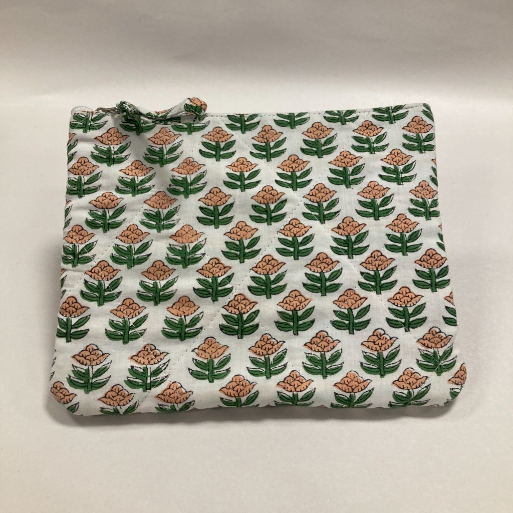 Quilted block print pouch - white with peach flowers