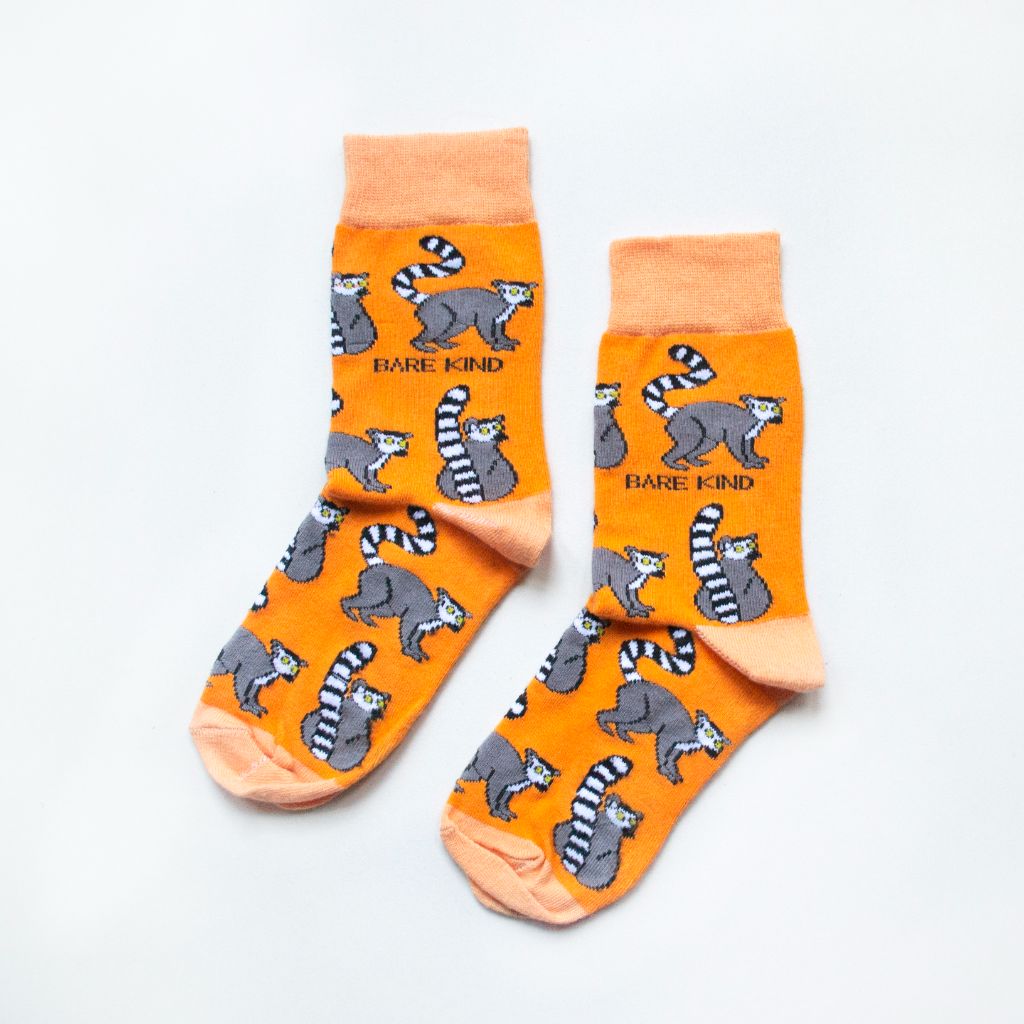 Socks That Save Lemurs  Bamboo Socks in 2 Adult Sizes - orange socks with animal design