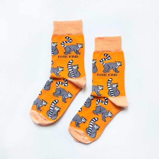 Socks That Save Lemurs  Bamboo Socks in 2 Adult Sizes - orange socks with animal design