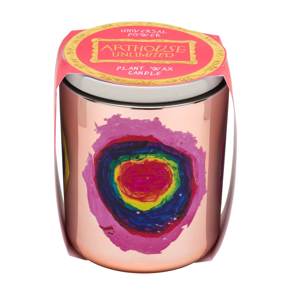 Vegan white glass candle featuring ARTHOUSE Unlimited Universal artwork