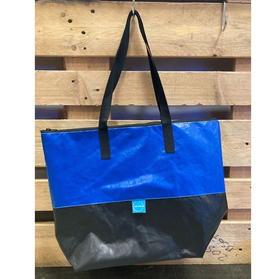 XL tote bag made from salvaged inflatables - blue and black