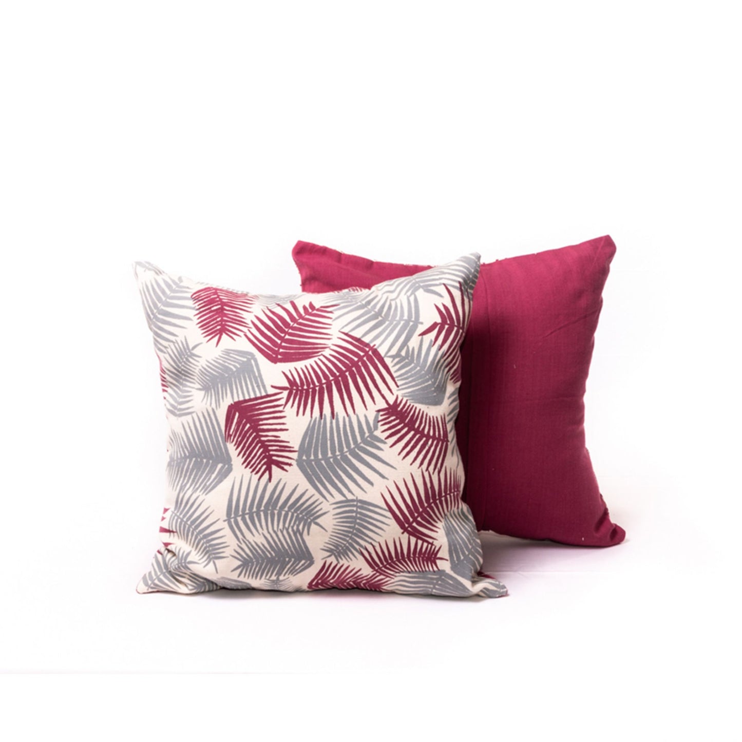 Handmade and Fair Trade Fern Print Cushion Blue and Deep Pink