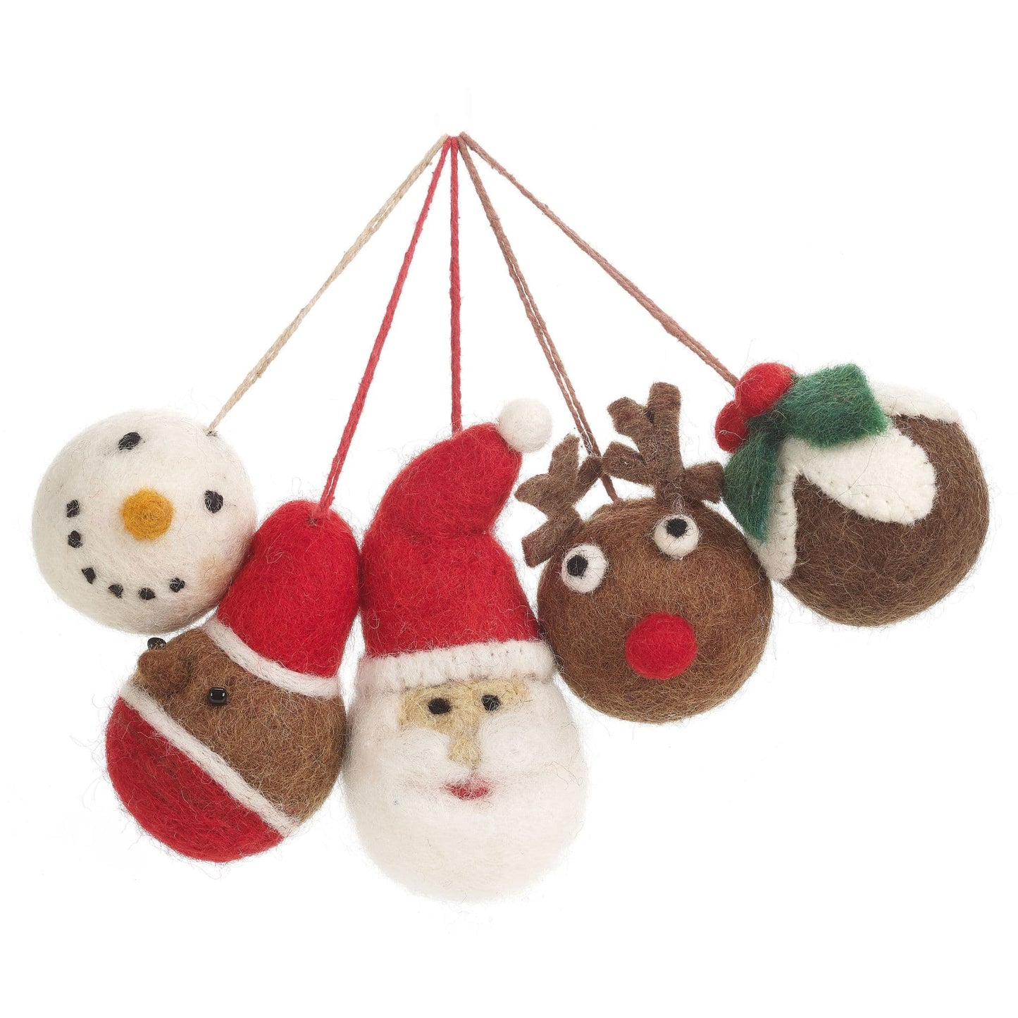 Needle Felt Christmas Tree Decorations 5 Christmas Character Baubles - handmade and Fair Trade