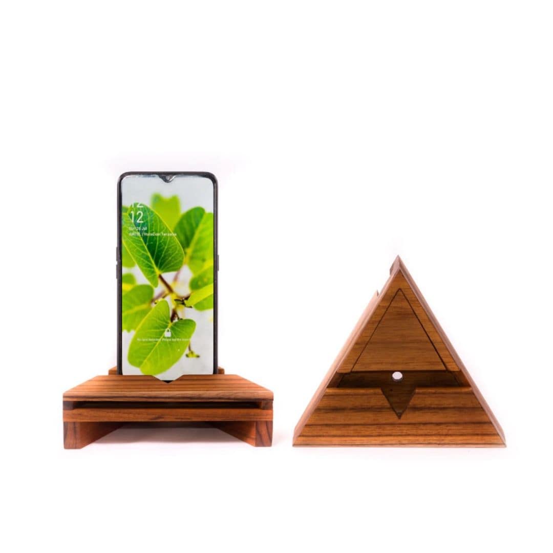 Wooden phone stand - carved teak triangle