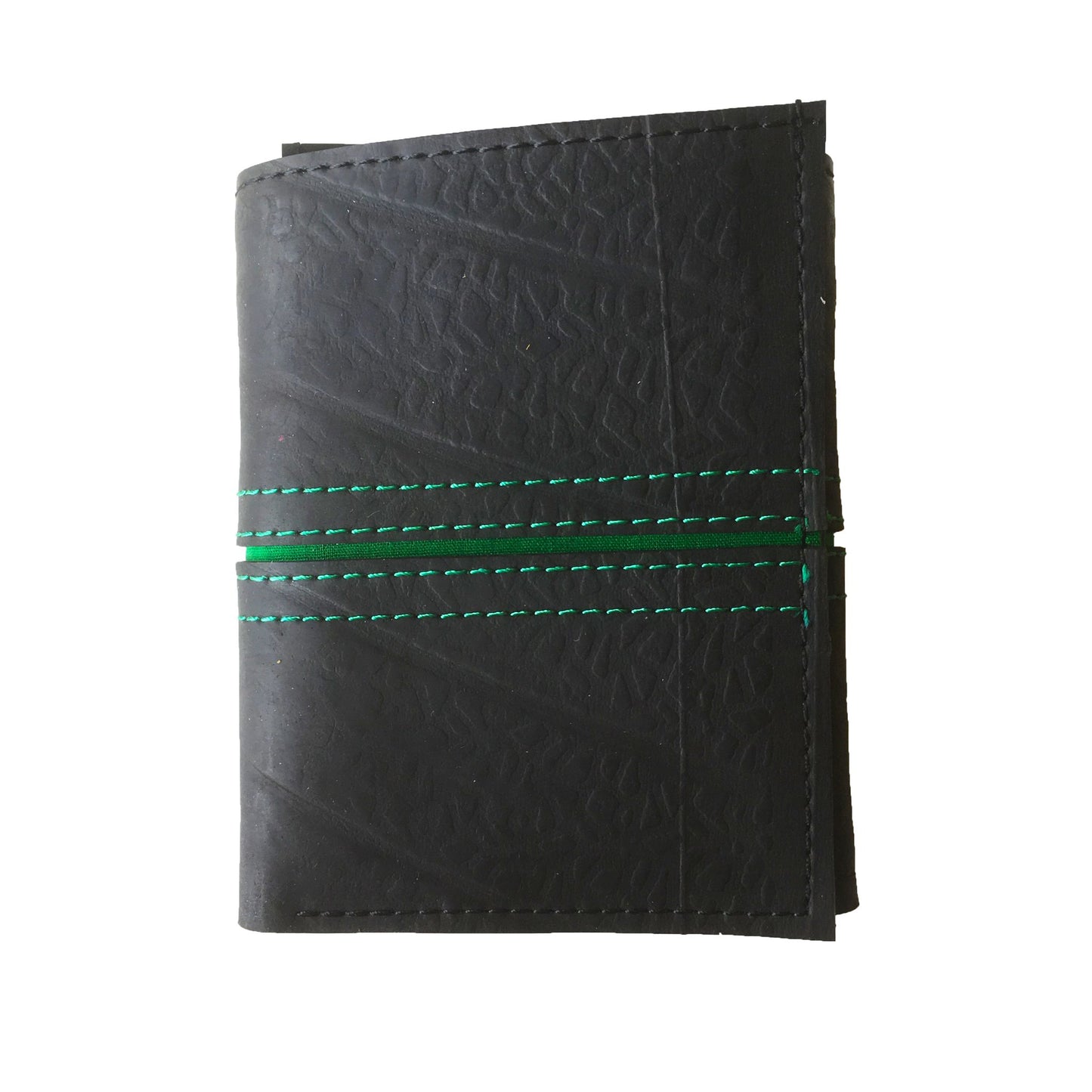 Trifold Recycled Wallet made from Inner Tubes - green thread