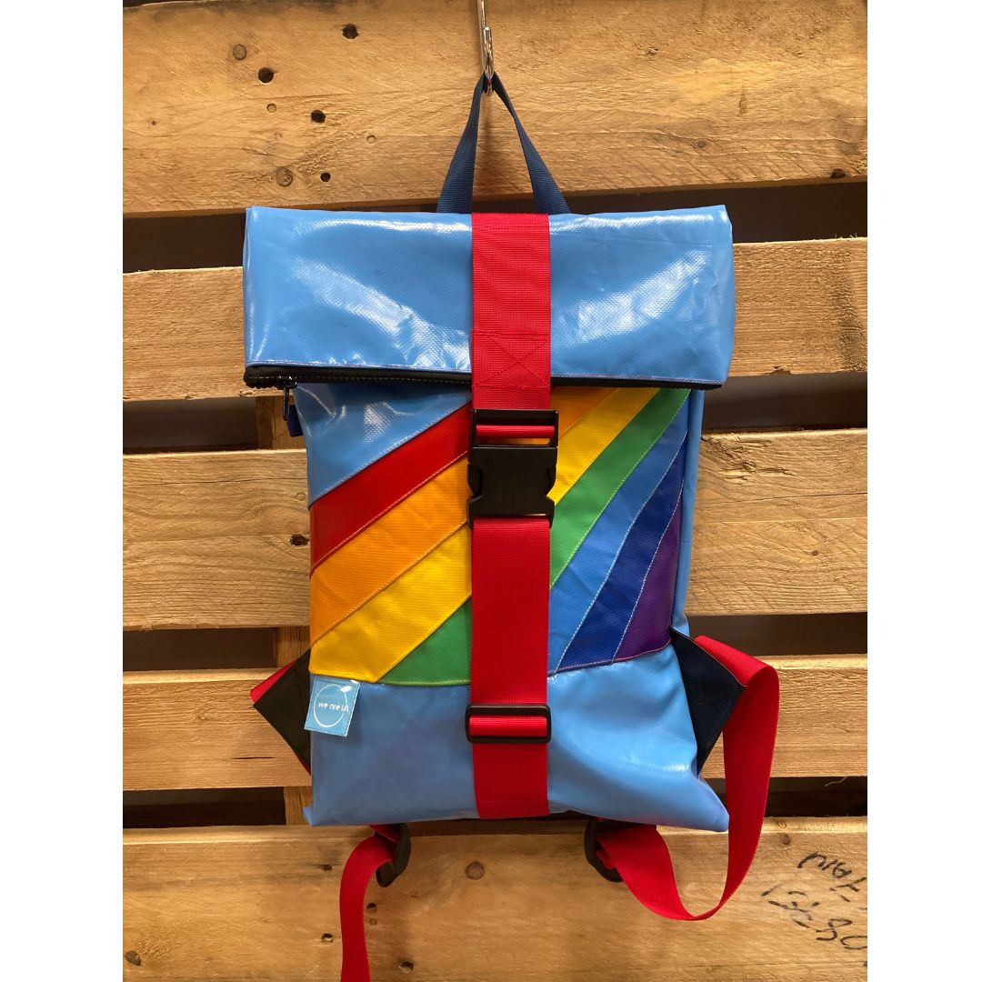 10 litre rolltop backpack made from inflatables - blue rainbow