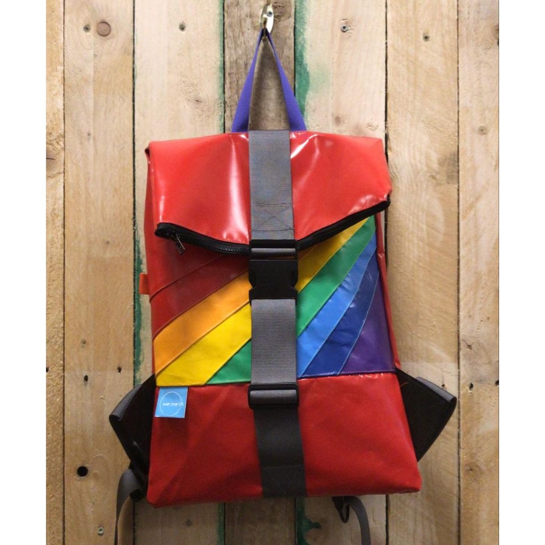 Red rainbow rolltop backpack