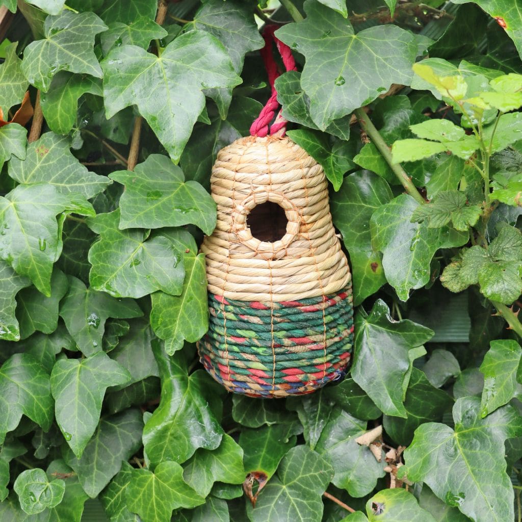 Handmade and Fair Trade Sari Bird Nester for Small Garden Birds - in hedge