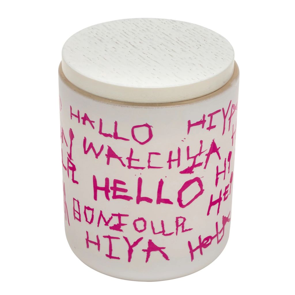 Hello Hello wax candle in white glass featuring Maria Travis artwork