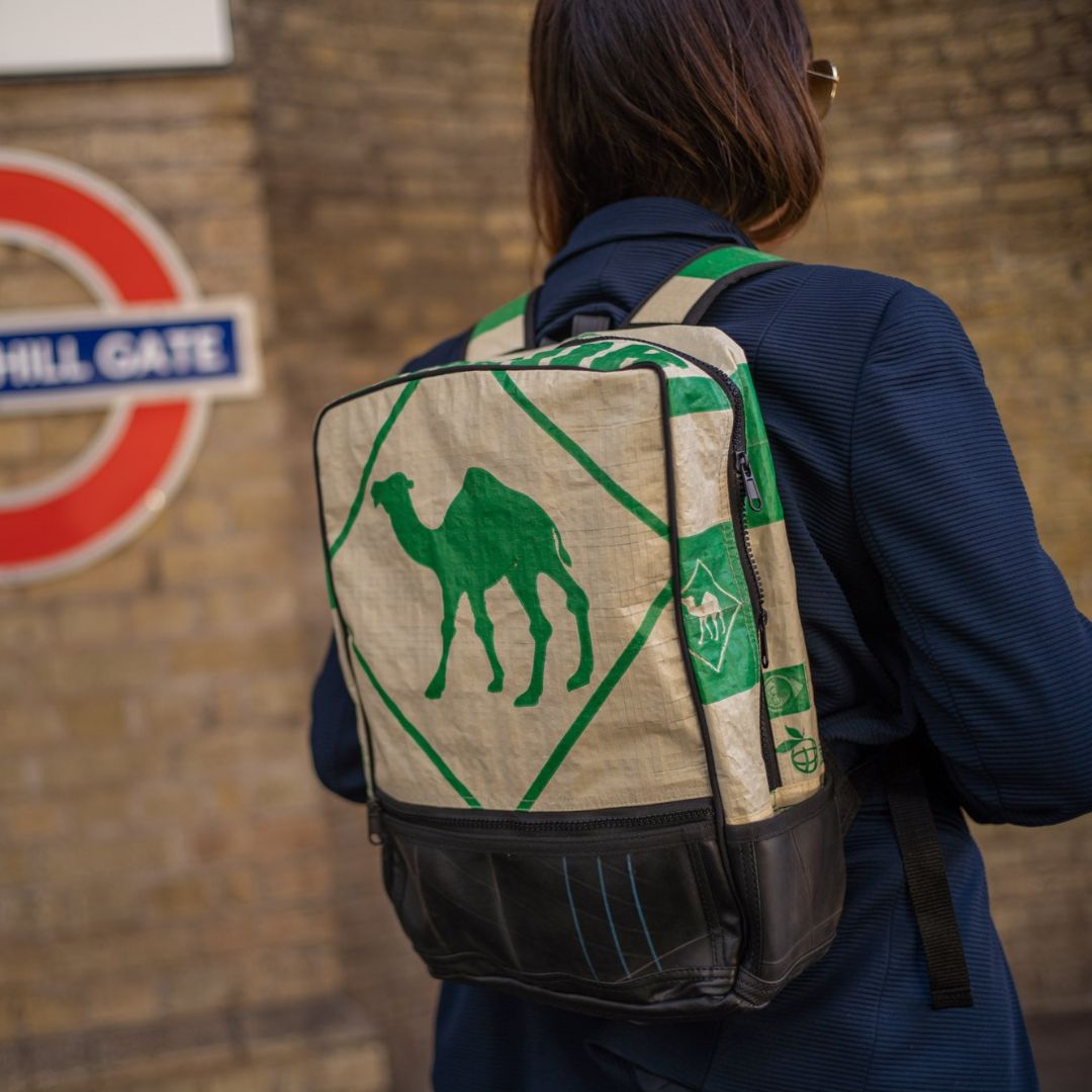 Hoxton backpack - ethical backpack made from Recycled Materials - green camel worn-min