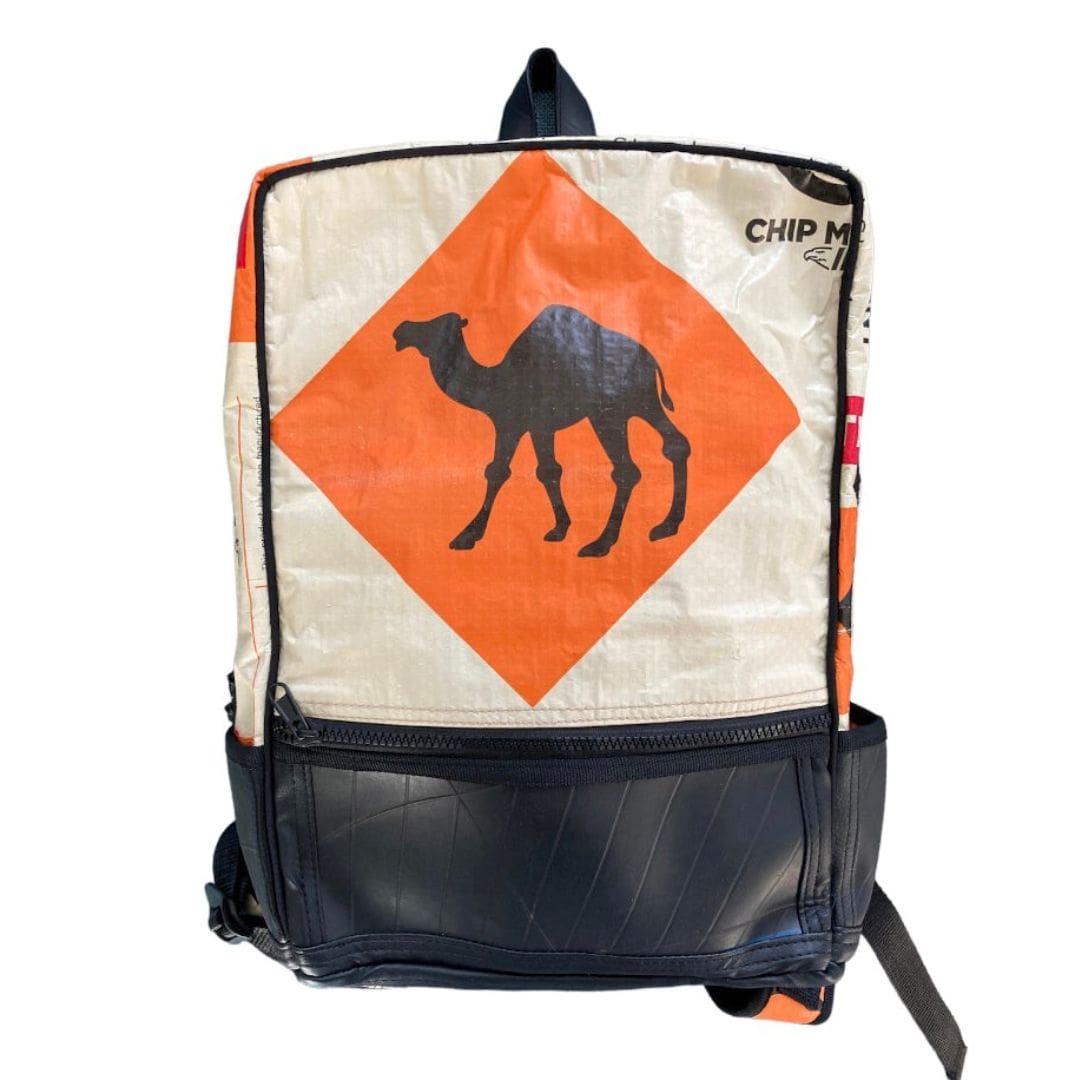 Hoxton backpack - ethical backpack made from Recycled Materials - orange camel white background-min
