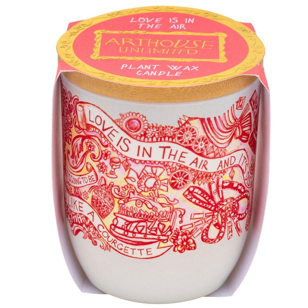 Decorative white candle tumbler featuring Love Is In The Air design