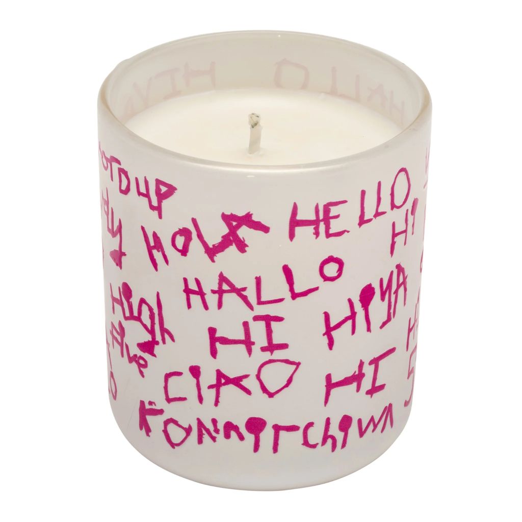 Decorative white candle glass with Hello Hello design by ARTHOUSE Unlimited