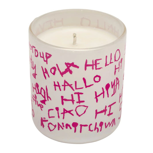 Decorative white candle glass with Hello Hello design by ARTHOUSE Unlimited