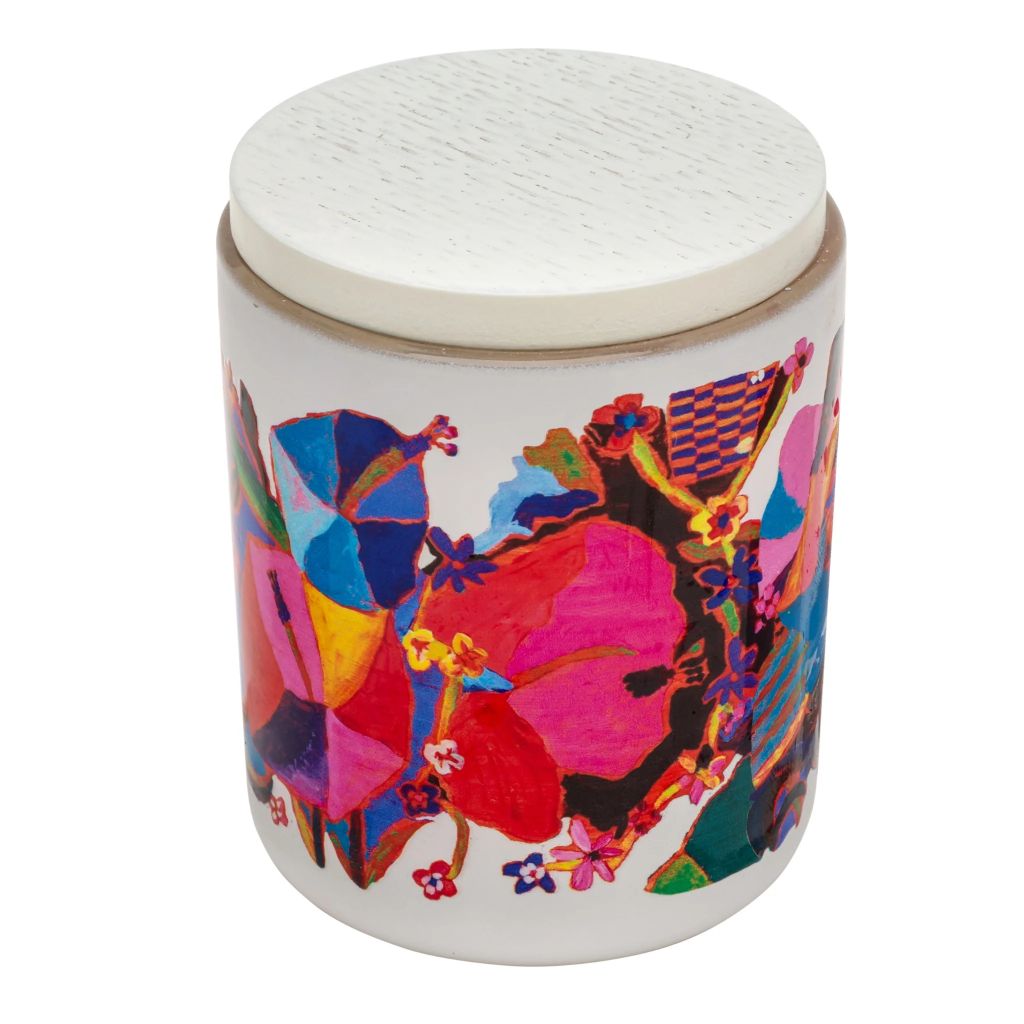 Psychedelic Dreams plant wax candle in white glass featuring ARTHOUSE Unlimited artwork