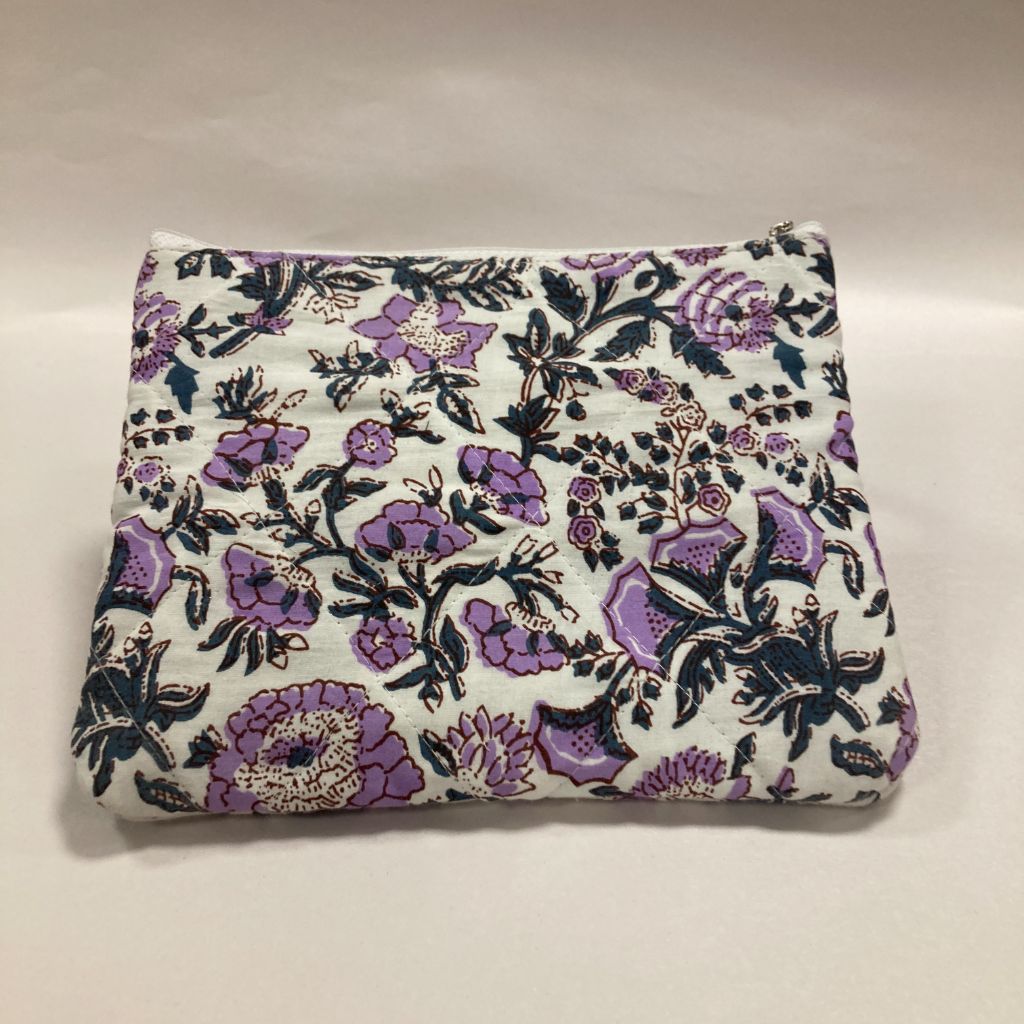 Quilted block print pouch - purple flowers