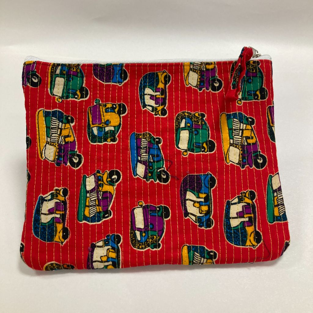 Quilted block print pouch - red tuktuks