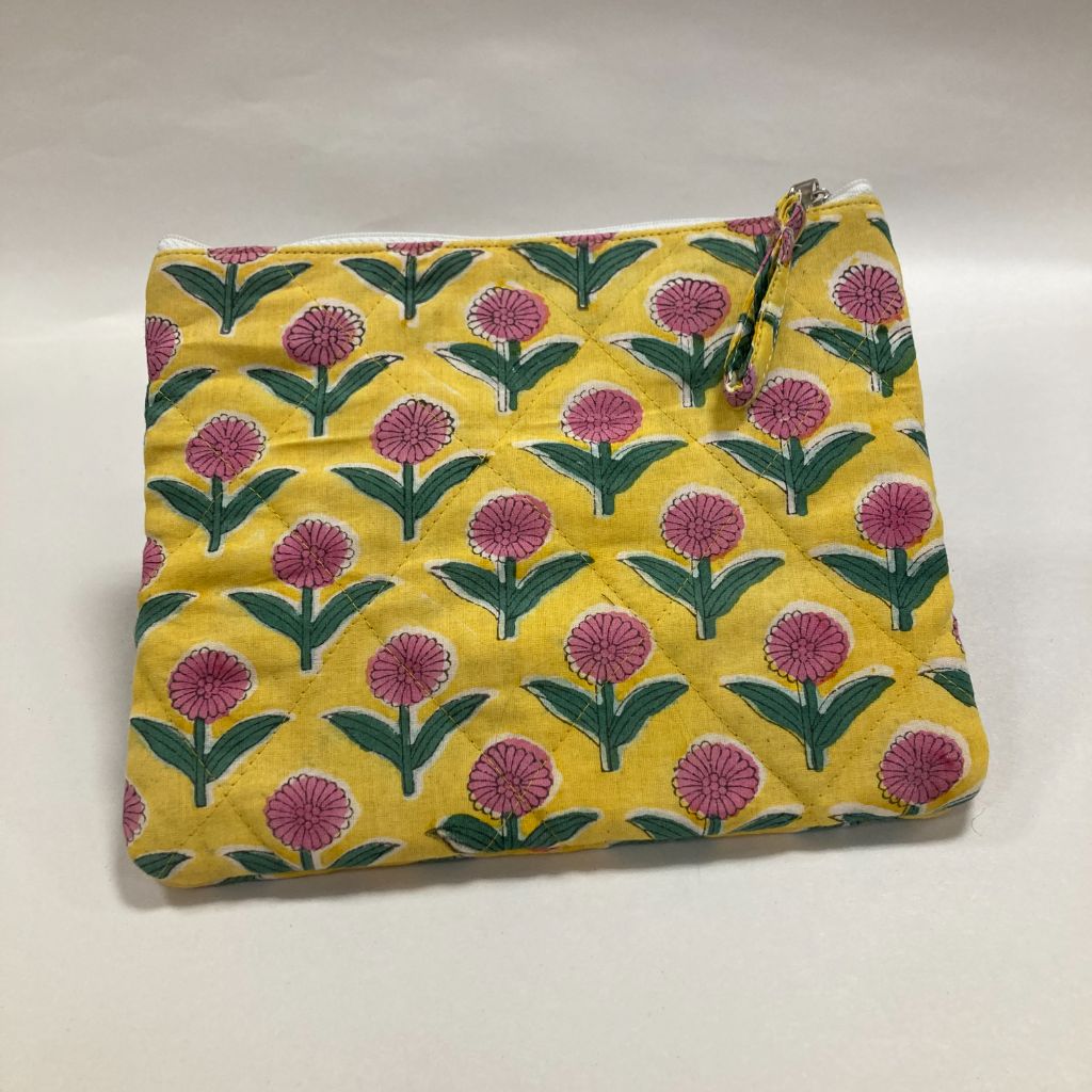 Quilted block print pouch - yellow with pink flowers
