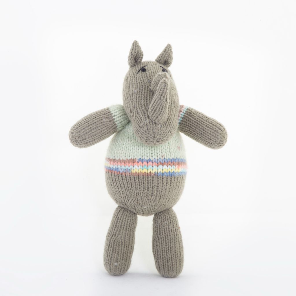 Rhino knitted soft toy - from the front - handmade and Fair Trade