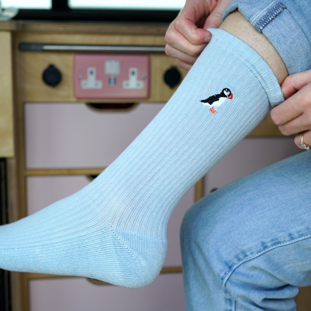 Things Socks Light Blue Bamboo Socks Saving Puffins | Ribbed Bamboo Socks – Good Things