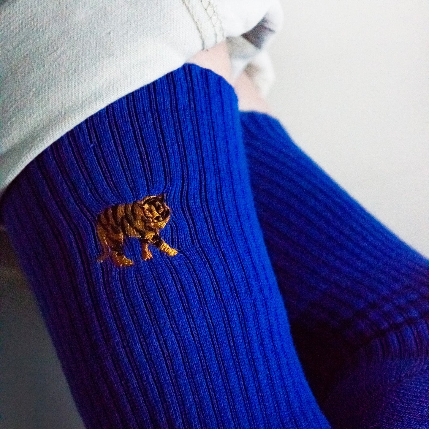 Save the Tigers | Premium Ribbed Bamboo Socks - close up on tiger motif