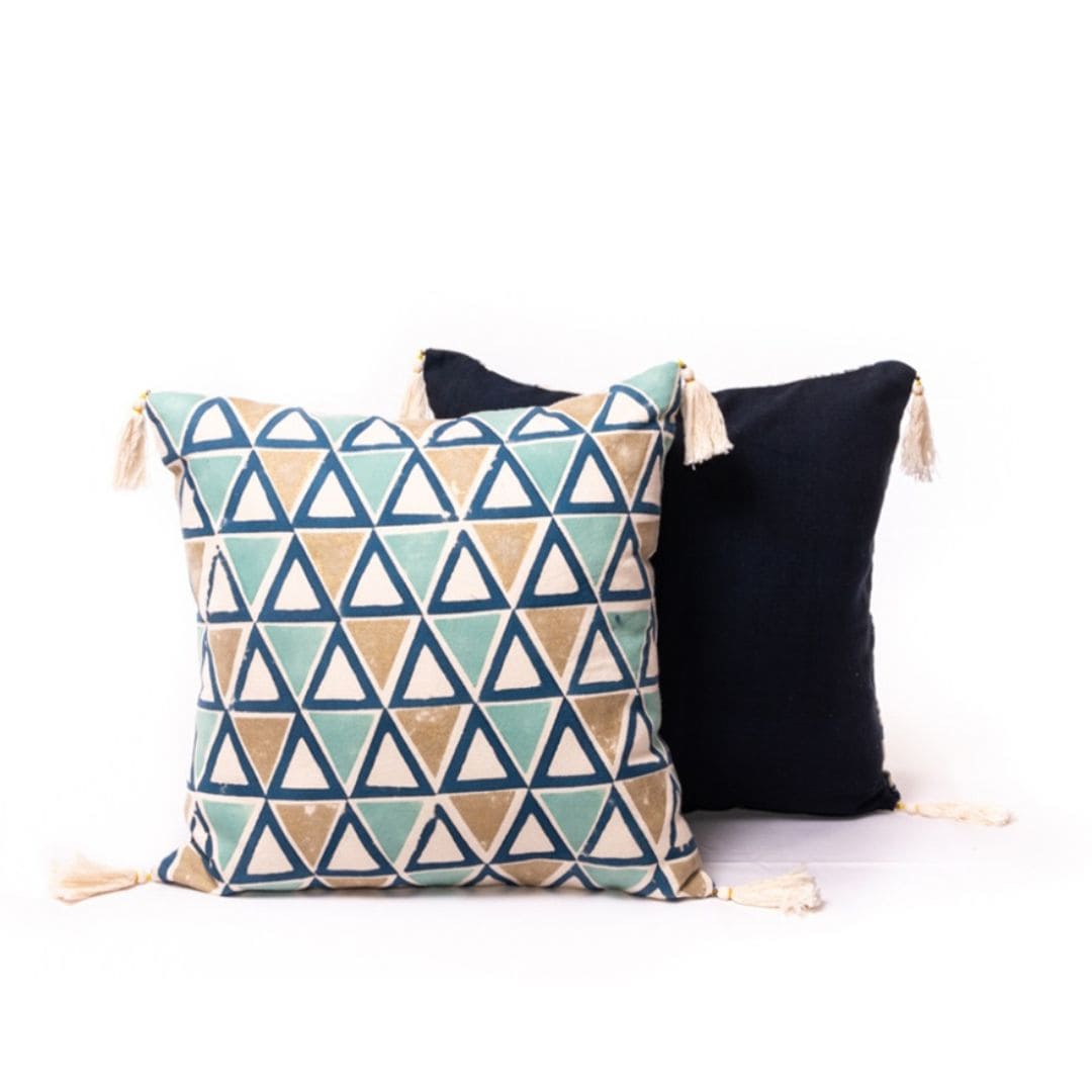 Handmade and Fair Trade Block Print Cushion | Blue and Gold print