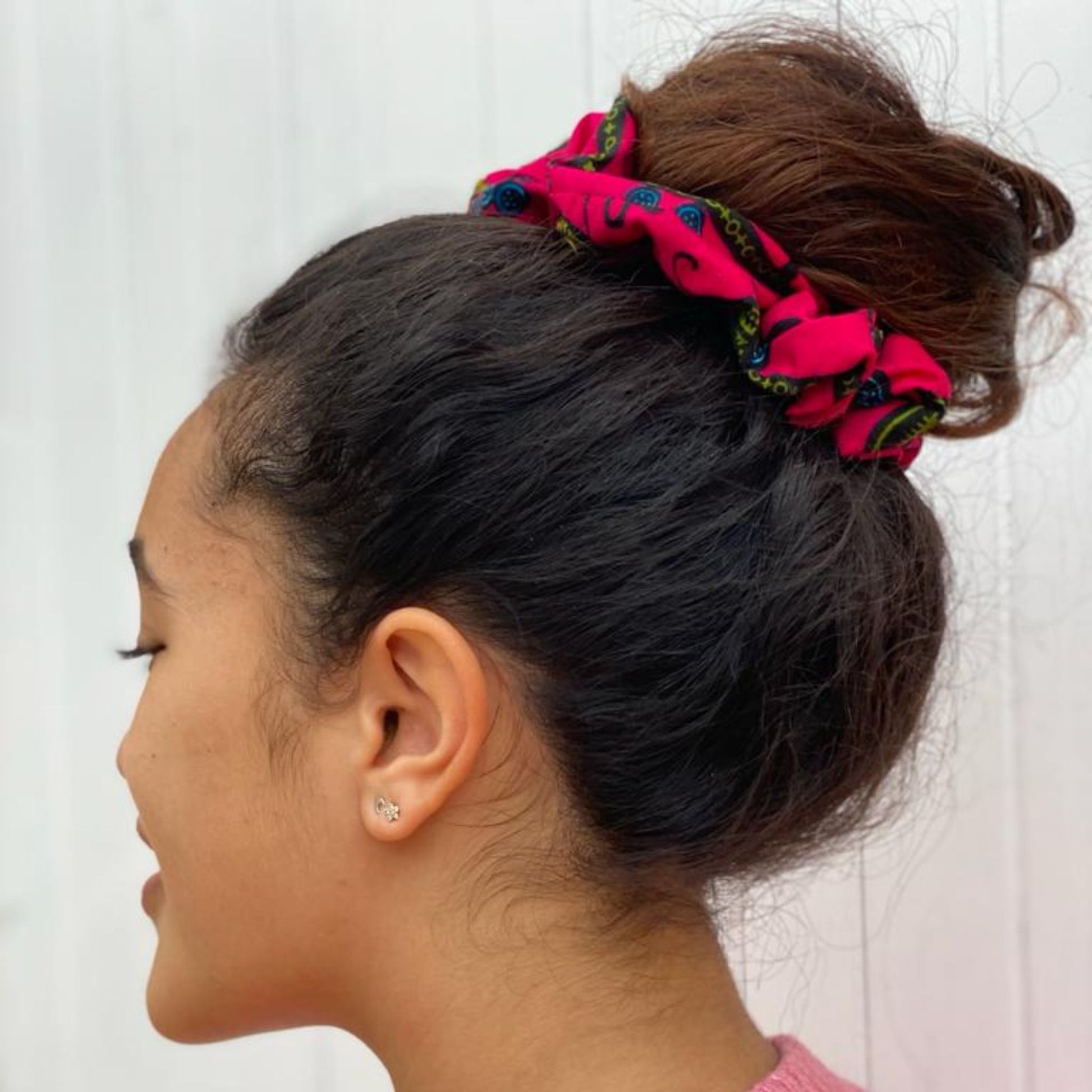Colourful Ethical Scrunchies Changing Lives  Cotton - pink on bun