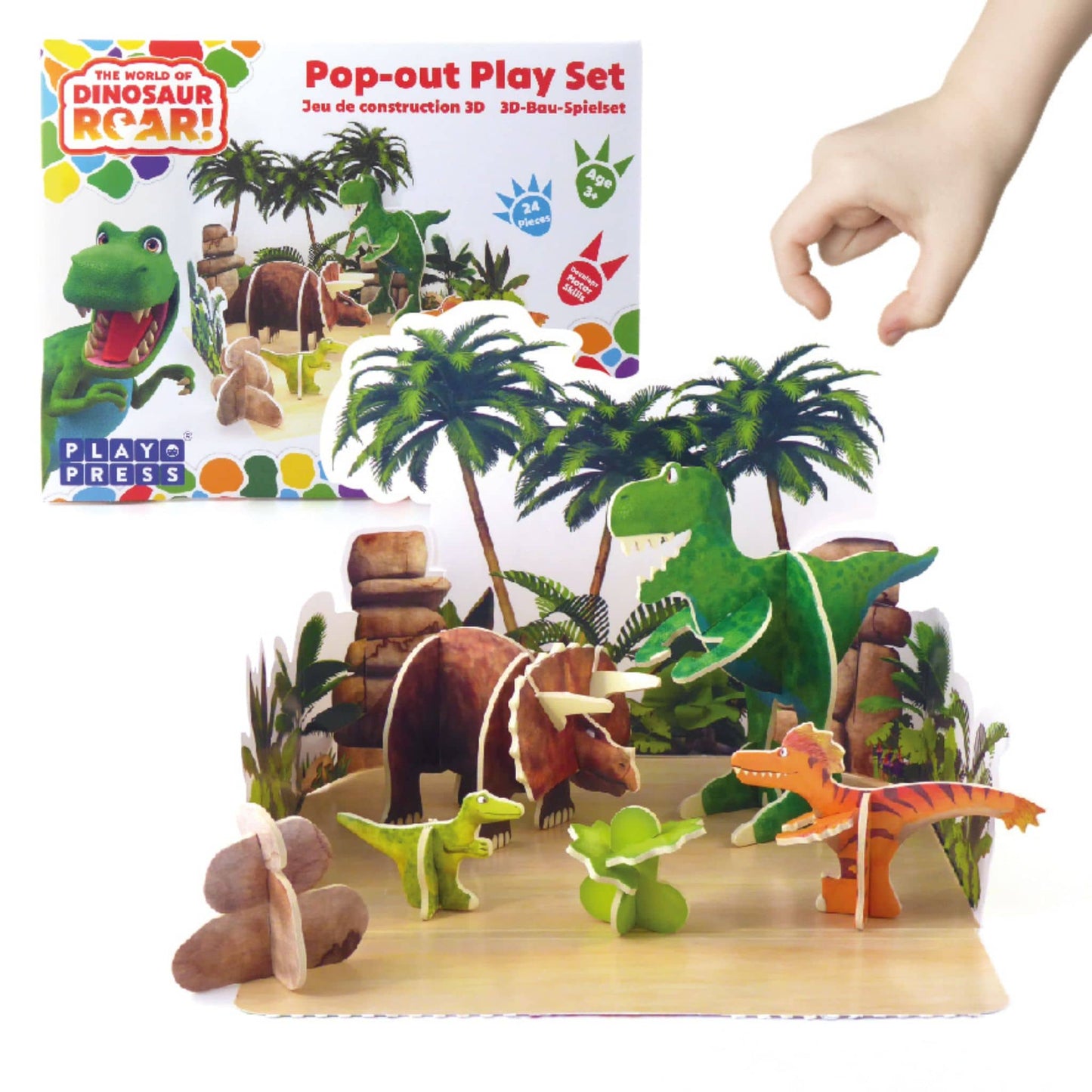 Dinosaur Roar! Pop Out Play Set - play set and packaging with child's hand