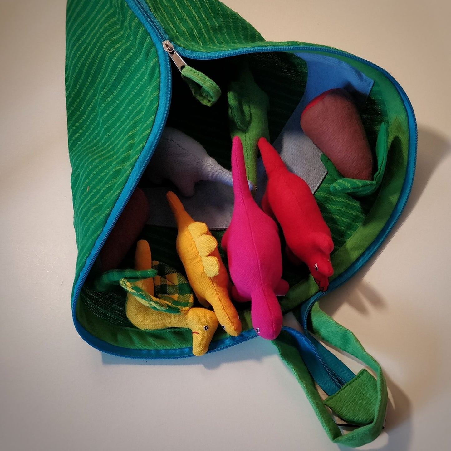 Dinosaur cotton toy play pouch - toy pouch half zipped