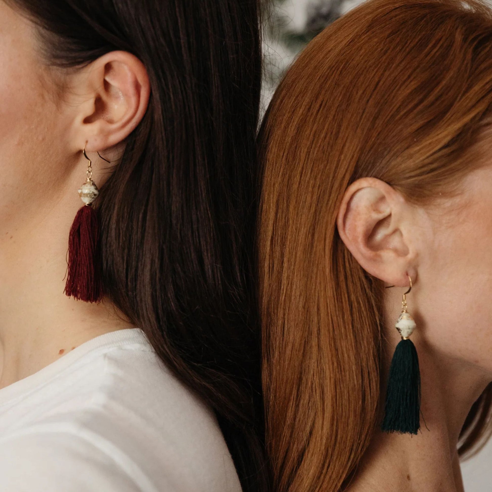 Golden Tassel Earrings  Empowering Women in Uganda - red and emerald being worn