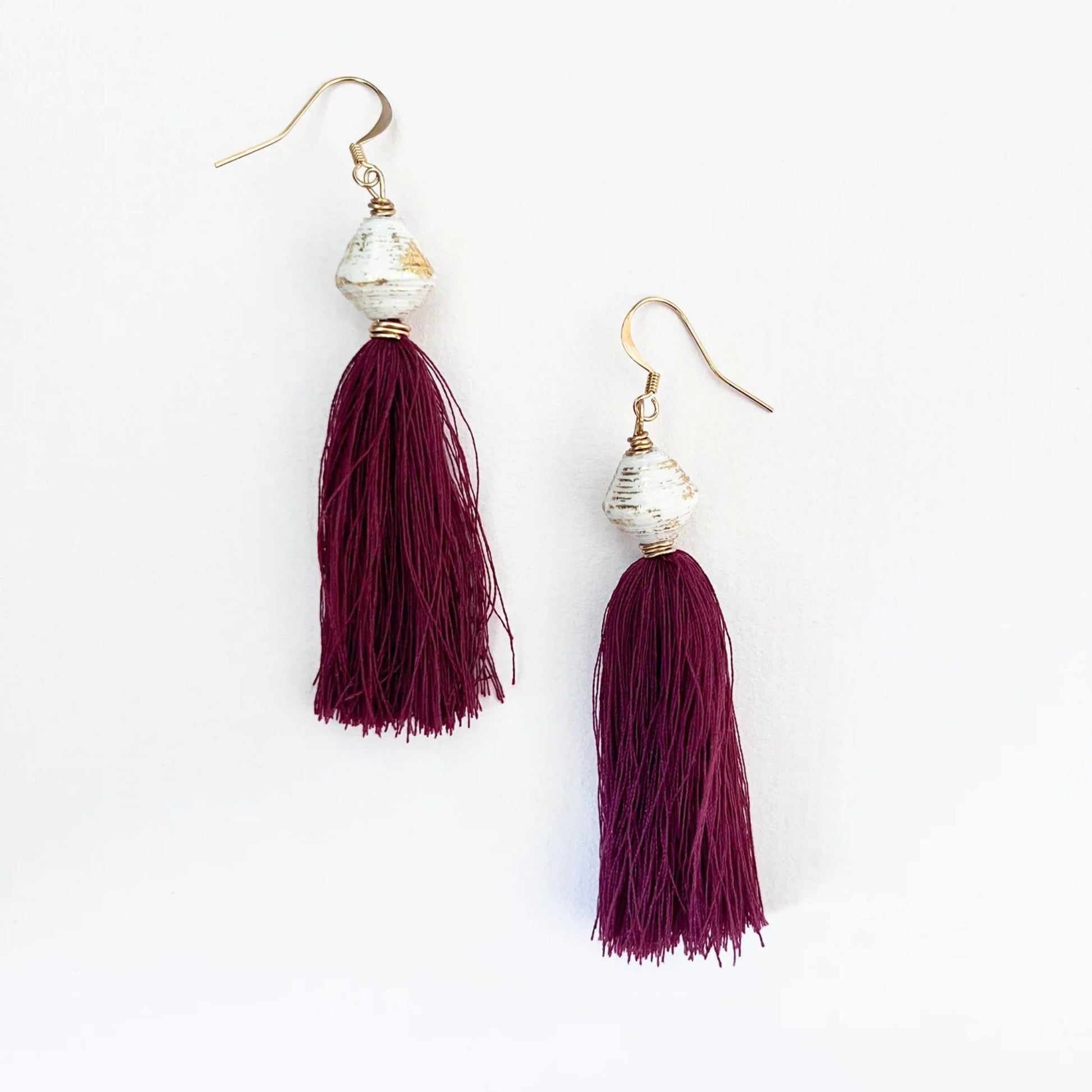 Golden Tassel Earrings  Empowering Women in Uganda - red on white background gold earrings