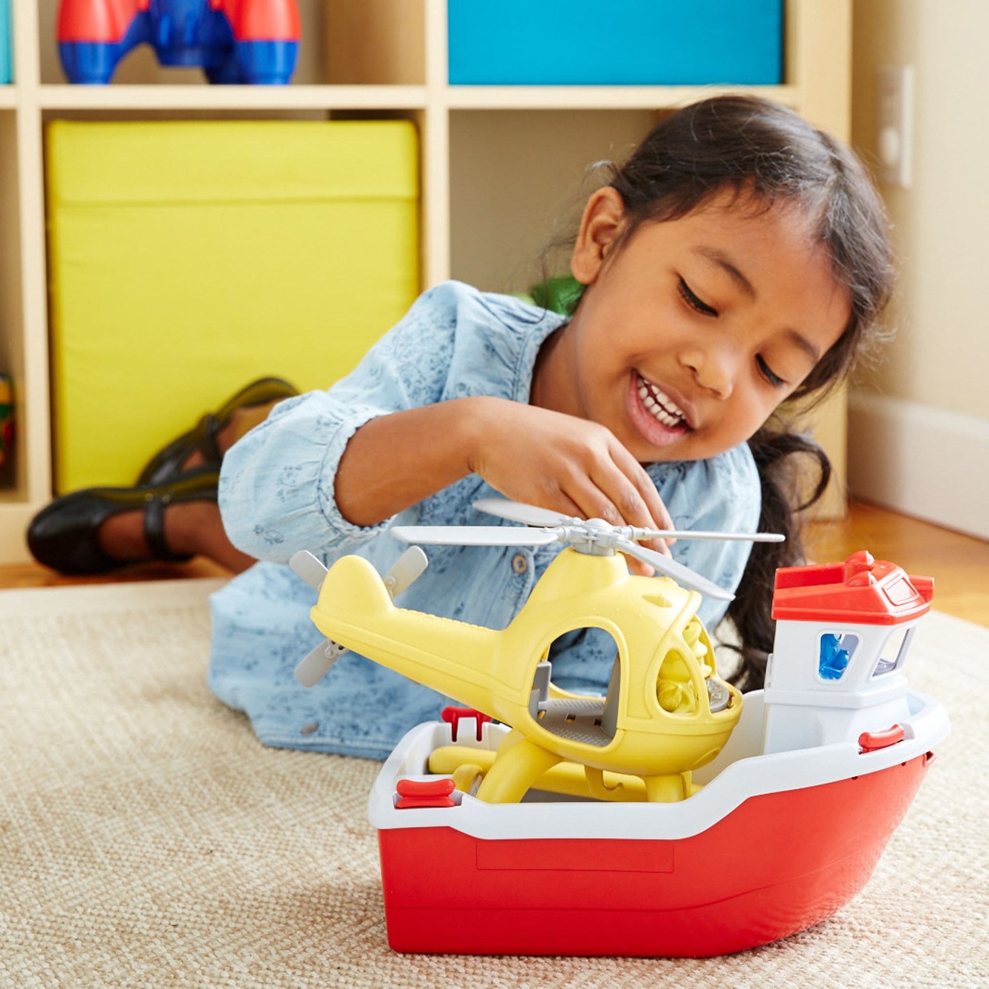 Green Toys Rescue Boat and toy helicopter - recycled and eco friendly - child playing