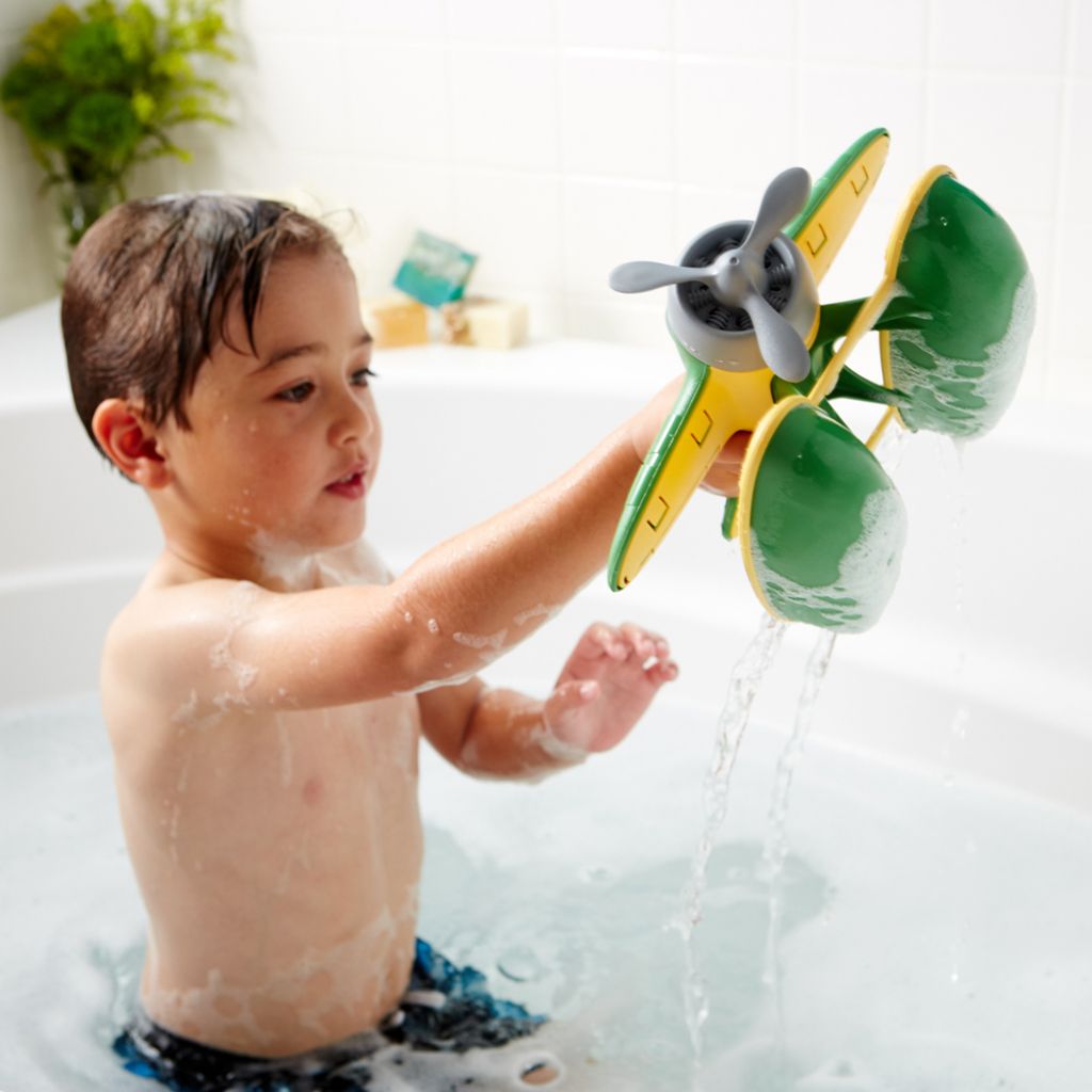 Green Toys Seaplane - child playing in bath - ethical bath toys
