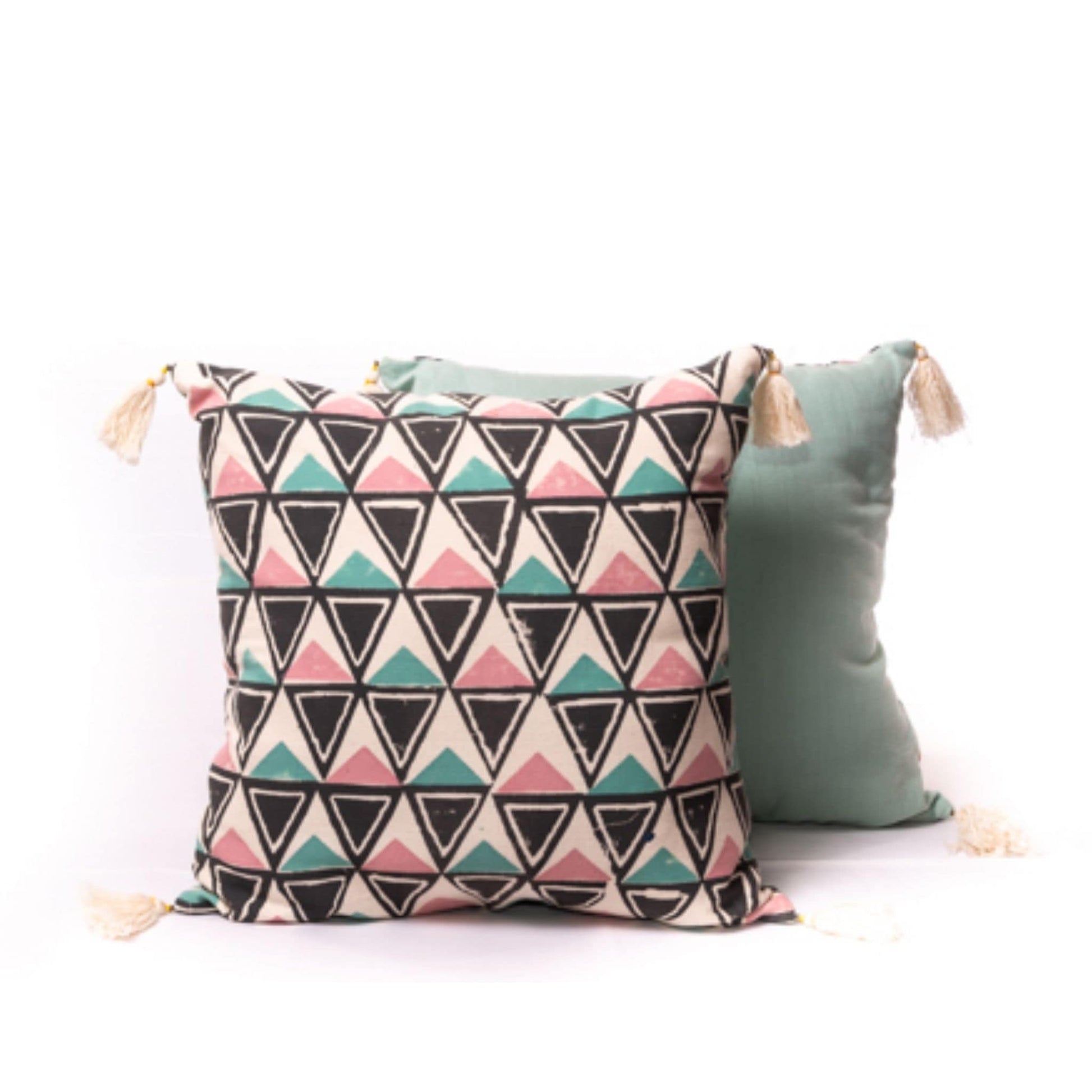 Handmade and Fair Trade Block Print Cushion - pink and blue-