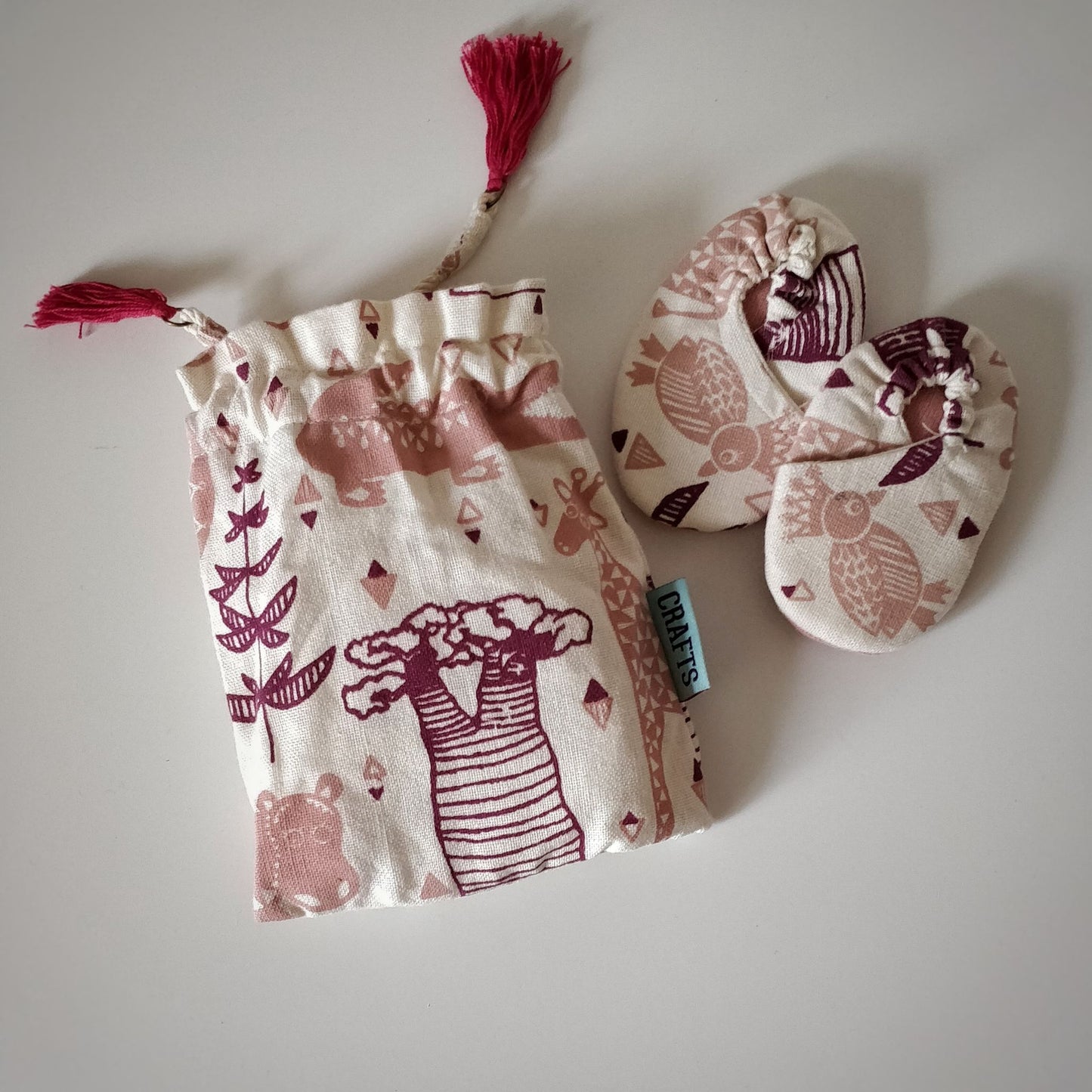 Handmade and Fair Trade Cotton Baby Shoes - raspberry with bag