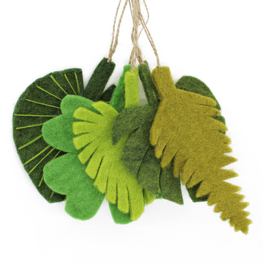Hanging Botanical Felt Leaves - Set of 5 Decorations - handmade and Fair Trade