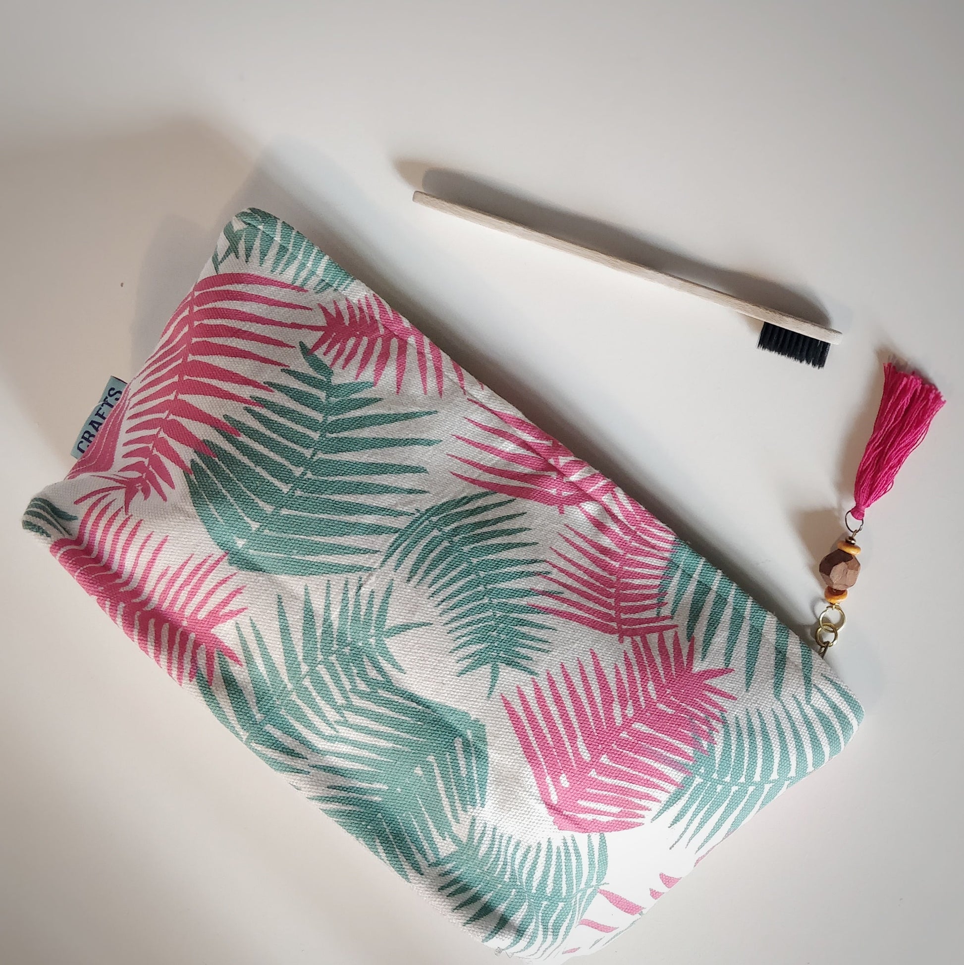 Large Handmade Washbag in Fern Print - side with toothbrush