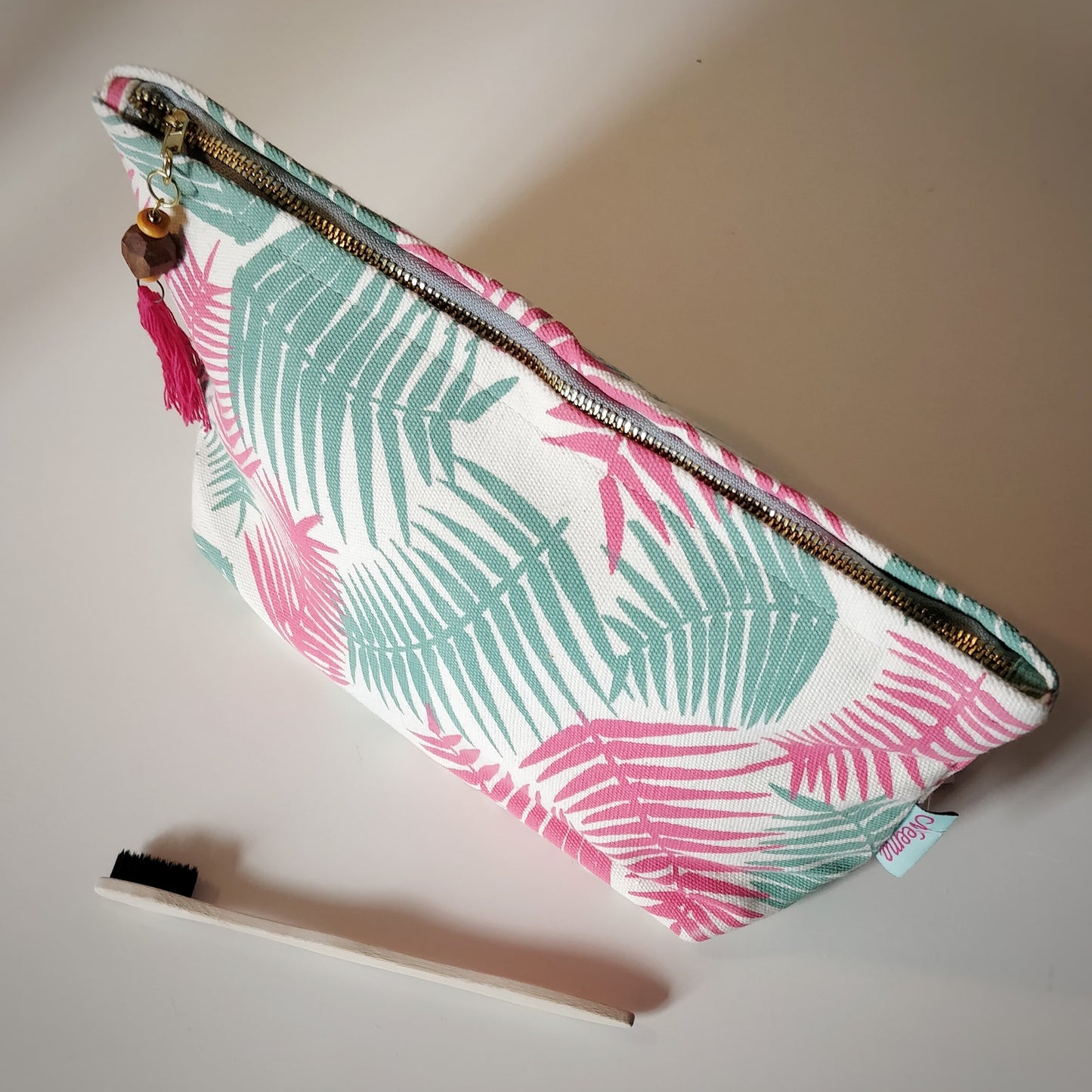 Large Handmade Washbag in Fern Print - with toothbrush