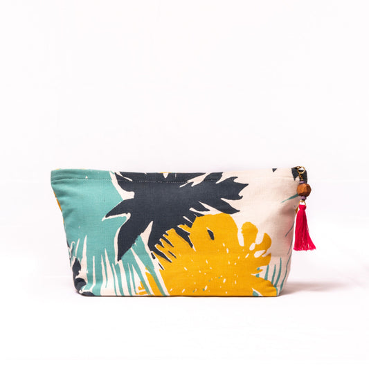 Large Handmade Washbag in Tropical Leaf Print  Yellow and Blue