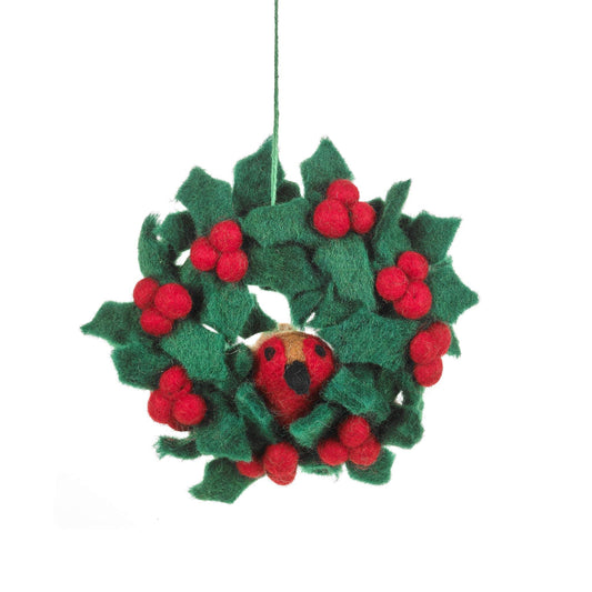 Mini Holly Wreath with Robin Christmas Decoration - Fair Trade and handmade