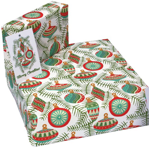 Recycled Christmas Wrapping Paper - Christmas Baubles White