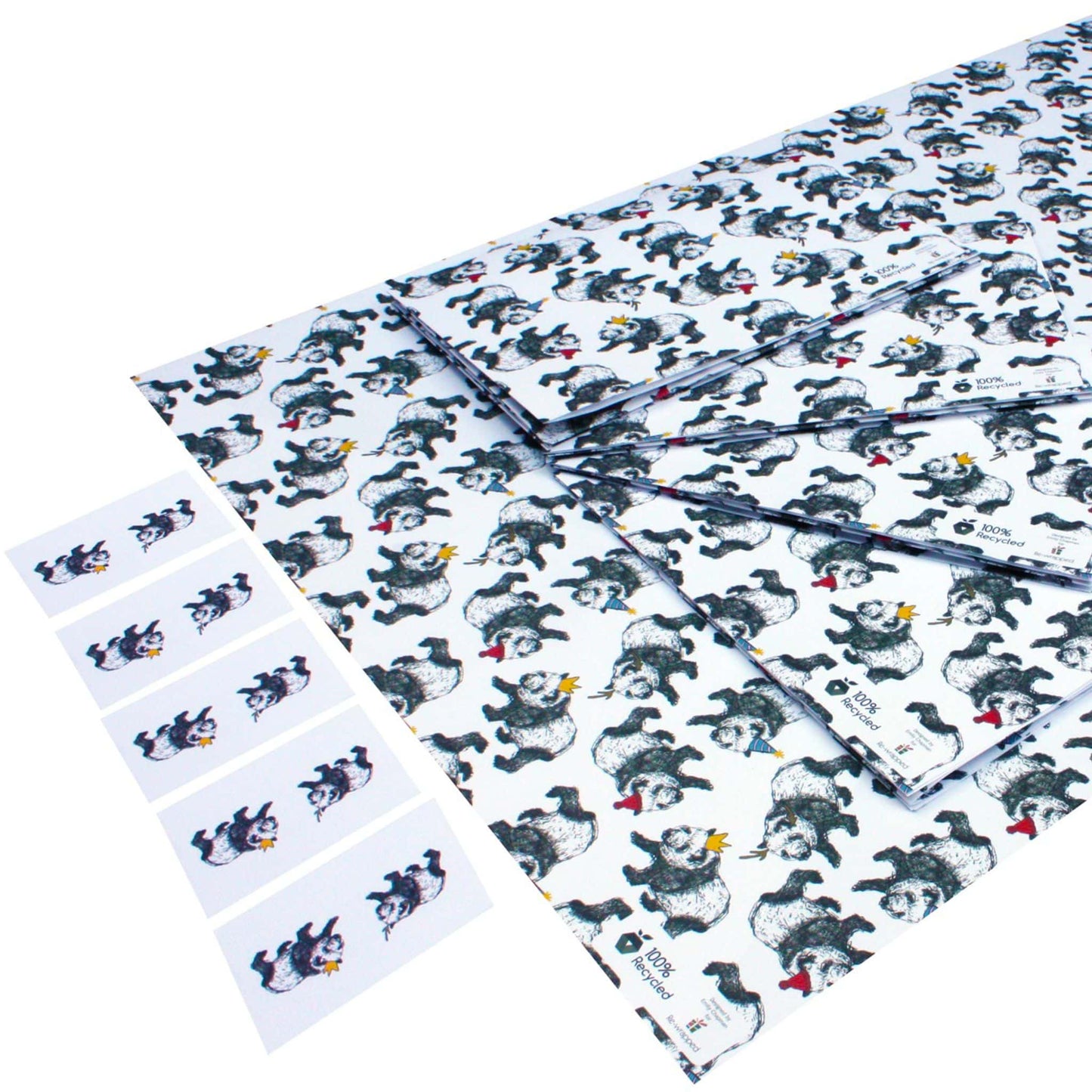 Recycled Christmas wrapping paper - pandas and hats with tags