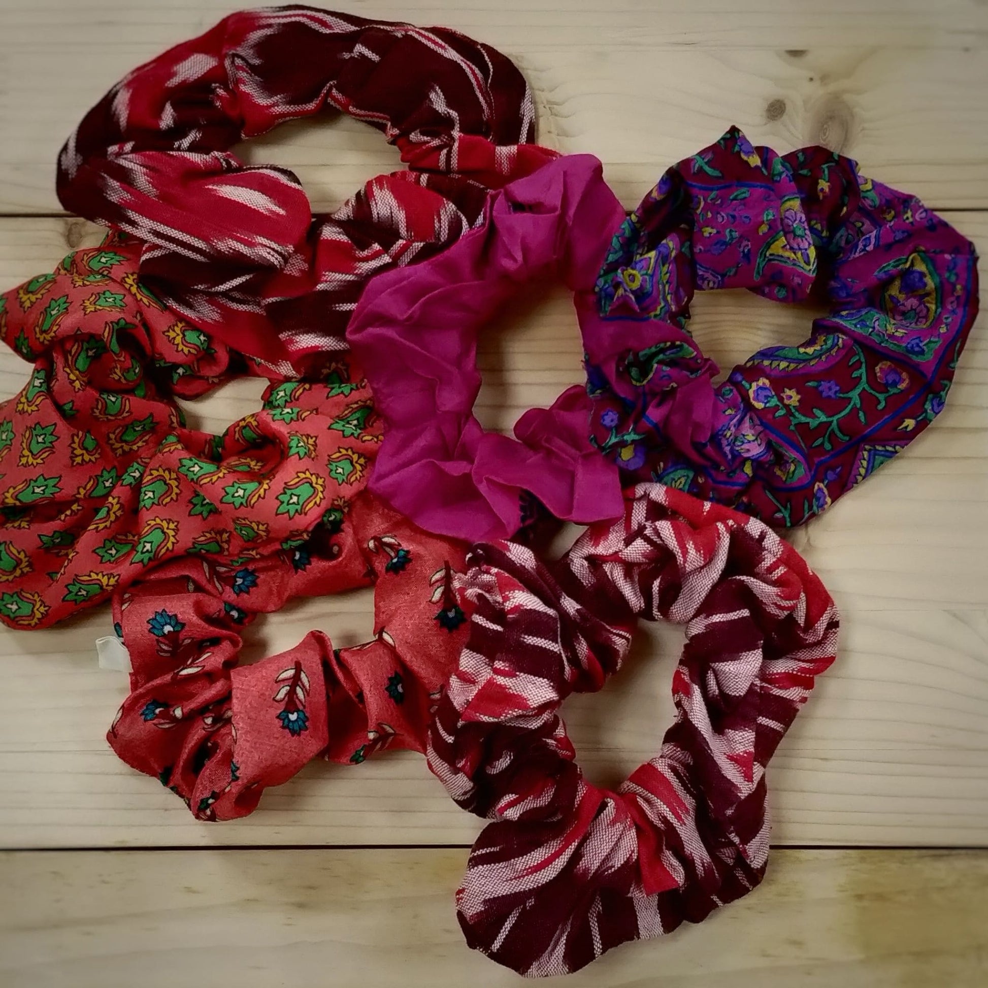 Pink and red upcycled sari scrunchies