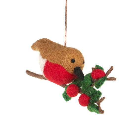 Robin on a Holly Branch Christmas Tree Decoration - handmade and Fair Trade