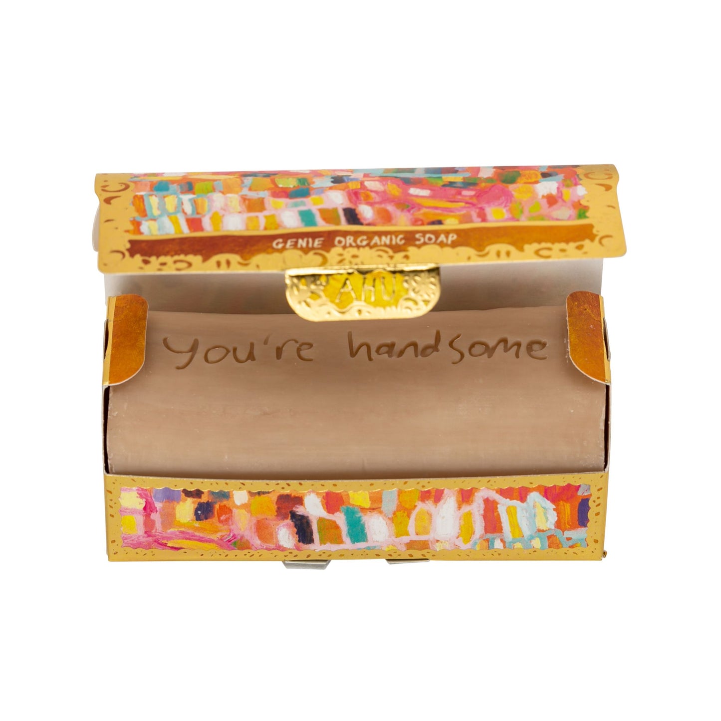 Genie Triple Milled Tubular Organic Soap 'You're Handsome' Open Soap Box view